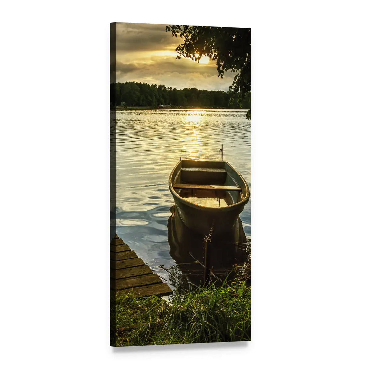 Rowboat at Sunset on Lake Vertical Canvas Wall Art, 1 panel 1 Vertical layout gallery wrapped canvas set, angled product view