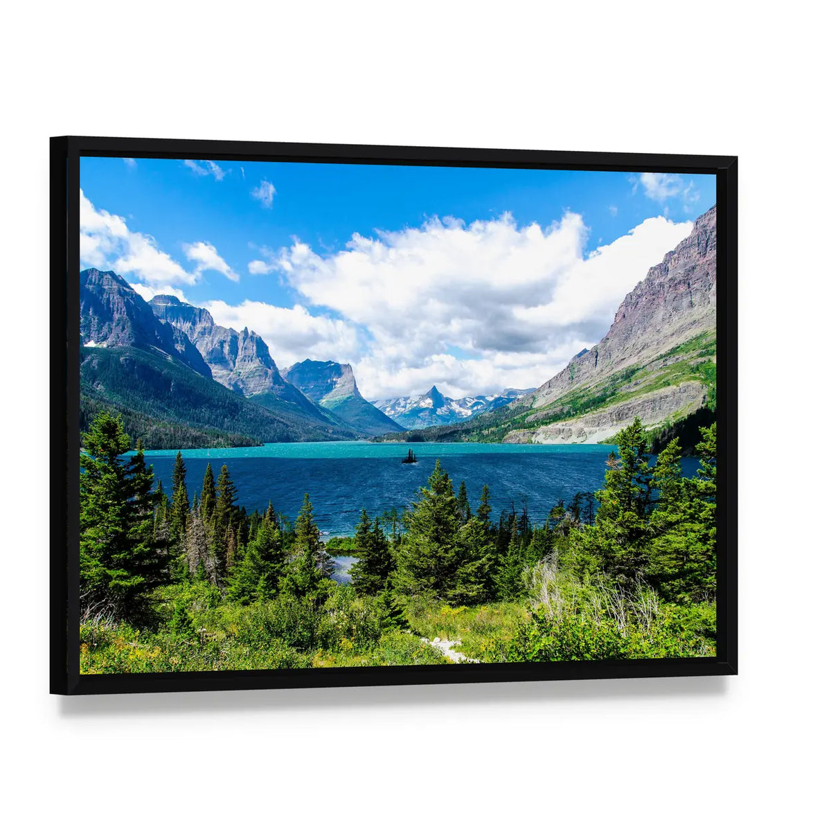Daytime Forest, Mountain and Lake Canvas Wall Art, framed canvas in a black floater frame, angled product view