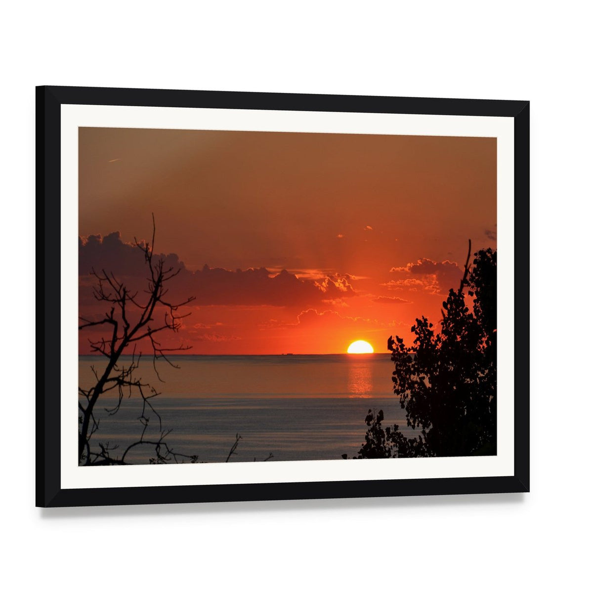 Sunset Over Lake Michigan Canvas Wall Art, framed print with white mat and black frame, angled product view