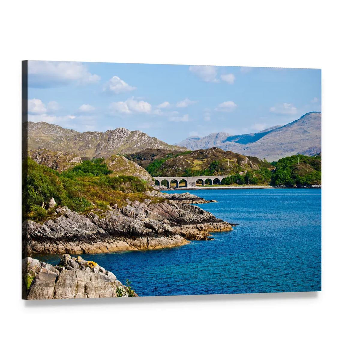 Rocky Coast with Arched Viaduct and Mountains Canvas Wall Art, single panel gallery wrapped canvas, angled product view