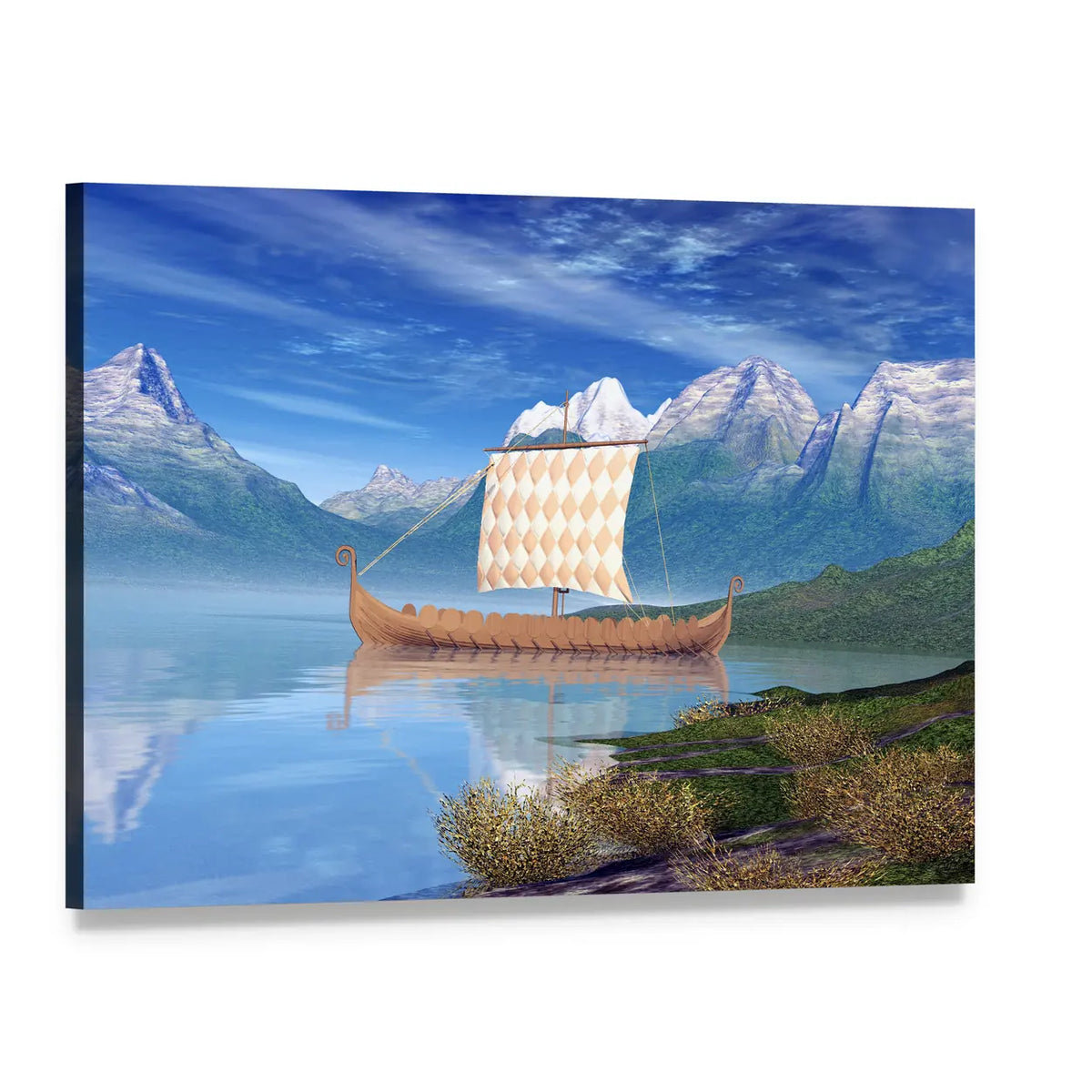 Viking Longship in Mountain Fjord Canvas Wall Art, single panel gallery wrapped canvas, angled product view