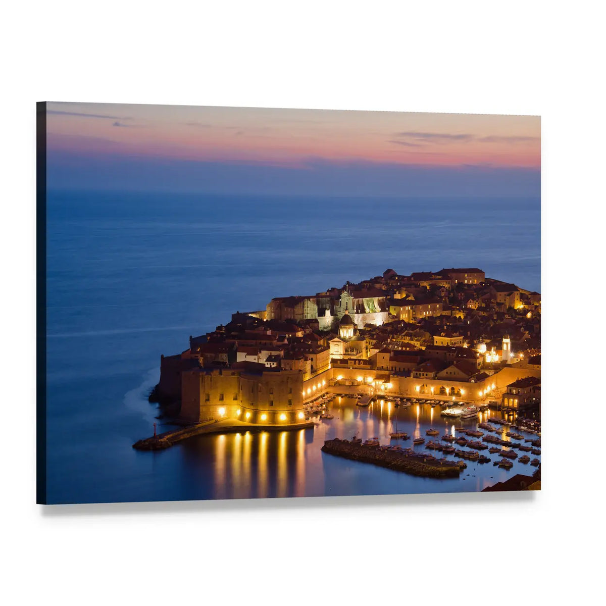 Historic Croatian Harbor at Twilight Canvas Wall Art, single panel gallery wrapped canvas, angled product view