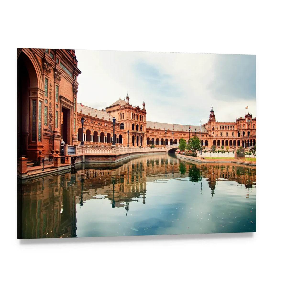 Spanish Square with Canal Reflections Canvas Wall Art, single panel gallery wrapped canvas, angled product view