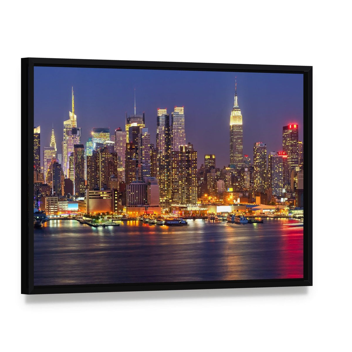 Manhattan at Night Canvas Wall Art, framed canvas in a black floater frame, angled product view