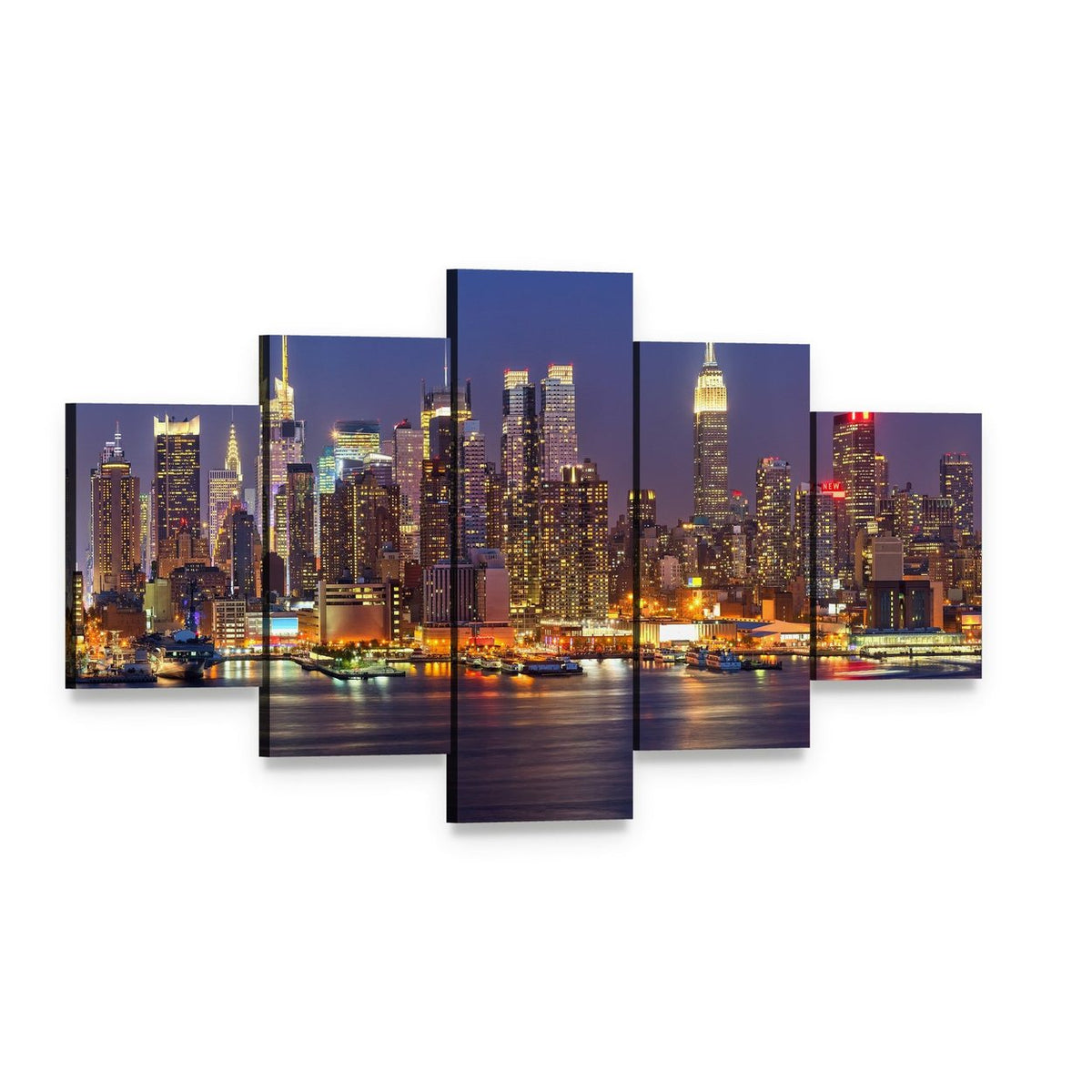 Manhattan at Night Canvas Wall Art, 5 panel 5 Star layout gallery wrapped canvas set, angled product view
