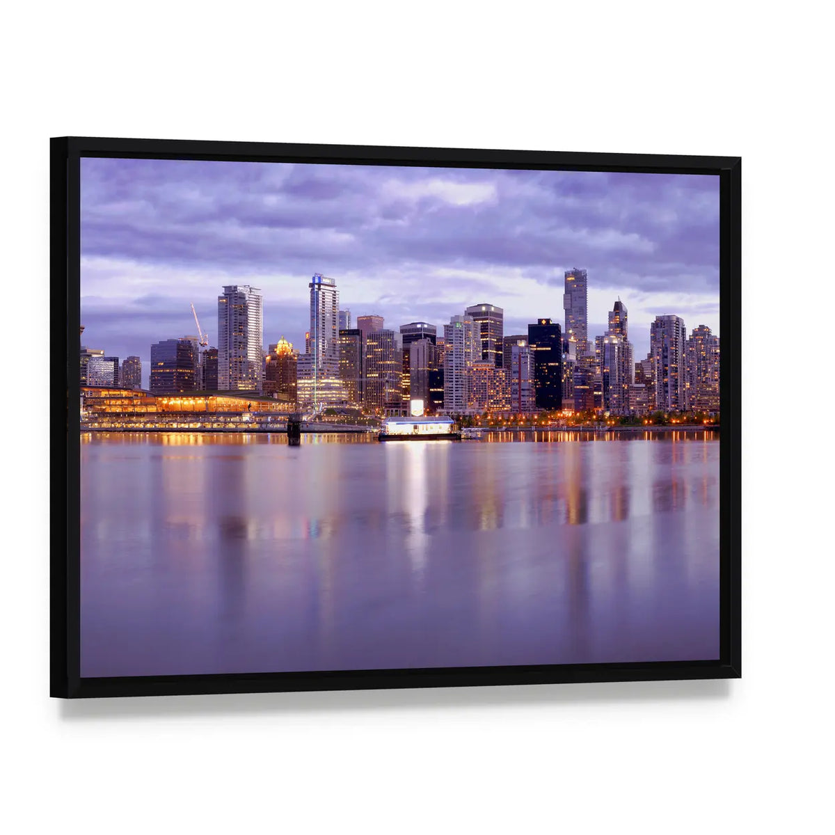 Vancouver Skyline In Canada Canvas Wall Art, framed canvas in a black floater frame, angled product view