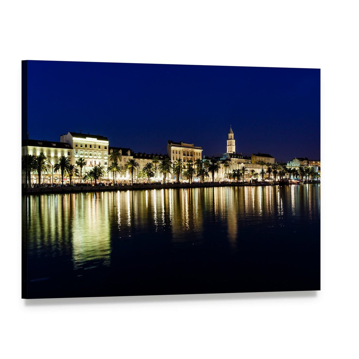 Old Town Night Waterfront Reflections Canvas Wall Art, single panel gallery wrapped canvas, angled product view