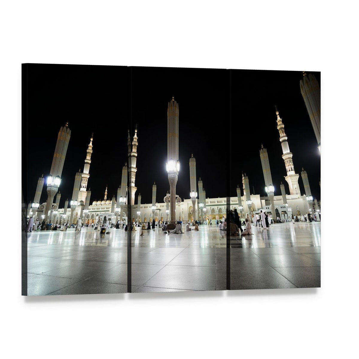 Al Nabawi Mosque Night View in Medina Canvas Wall Art, 3 panel 3 Horizontal layout gallery wrapped canvas set, angled product view