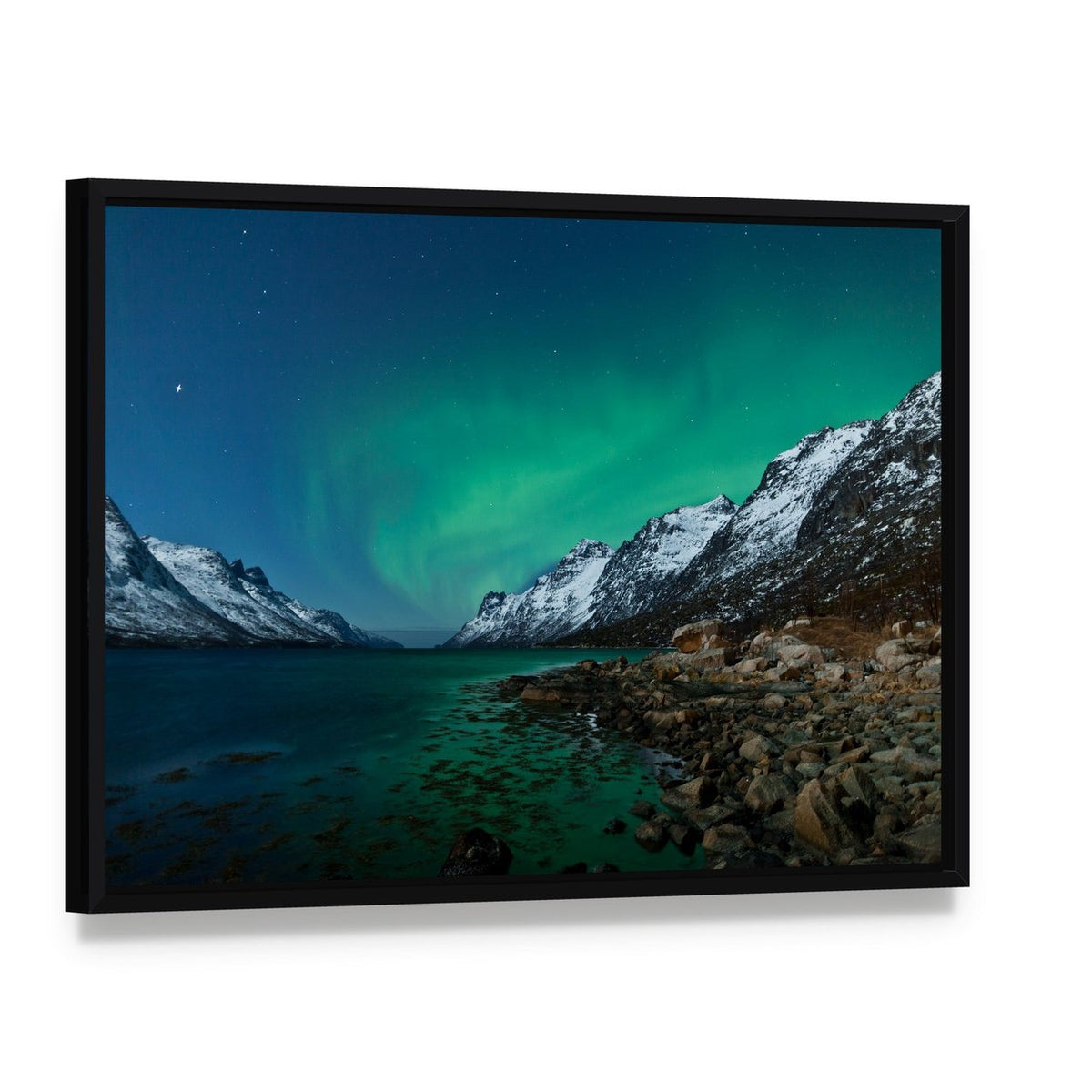 Aurora Borealis Over Fjords Canvas Wall Art, framed canvas in a black floater frame, angled product view
