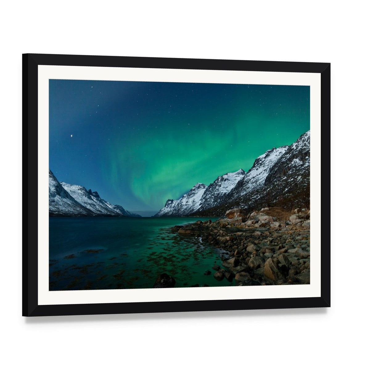 Aurora Borealis Over Fjords Canvas Wall Art, framed print with white mat and black frame, angled product view