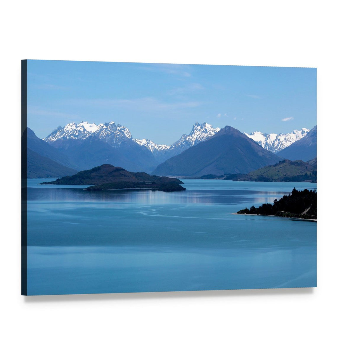 Snow-capped Mountains Over Calm Lake Canvas Wall Art, single panel gallery wrapped canvas, angled product view