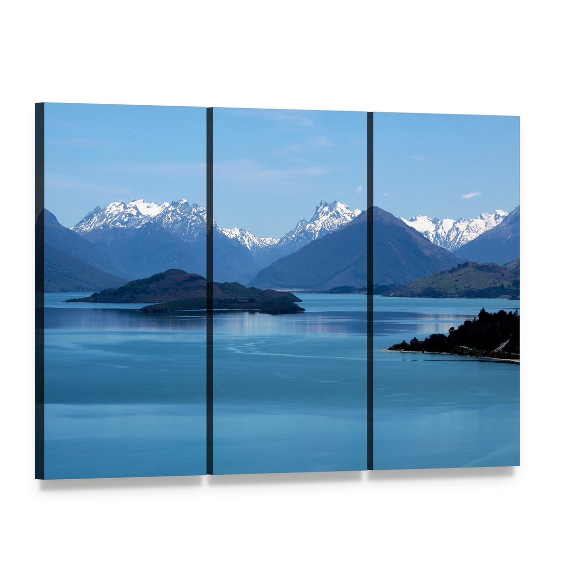 Snow-capped Mountains Over Calm Lake Canvas Wall Art, 3 panel 3 Horizontal layout gallery wrapped canvas set, angled product view