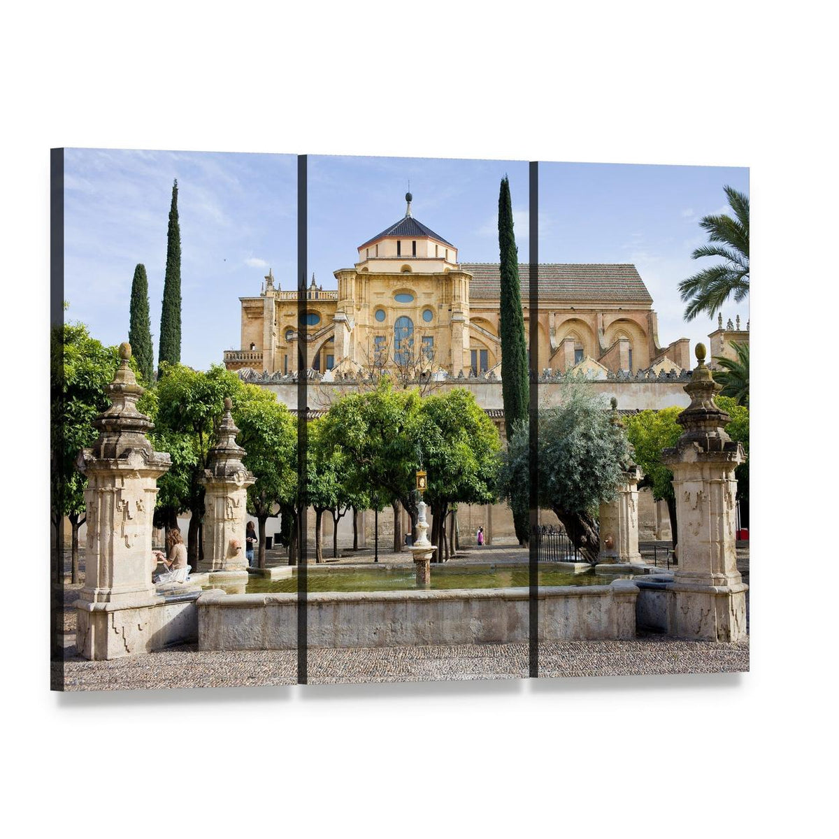 Mosque-cathedral of Cordoba Courtyard Canvas Wall Art, 3 panel 3 Horizontal layout gallery wrapped canvas set, angled product view