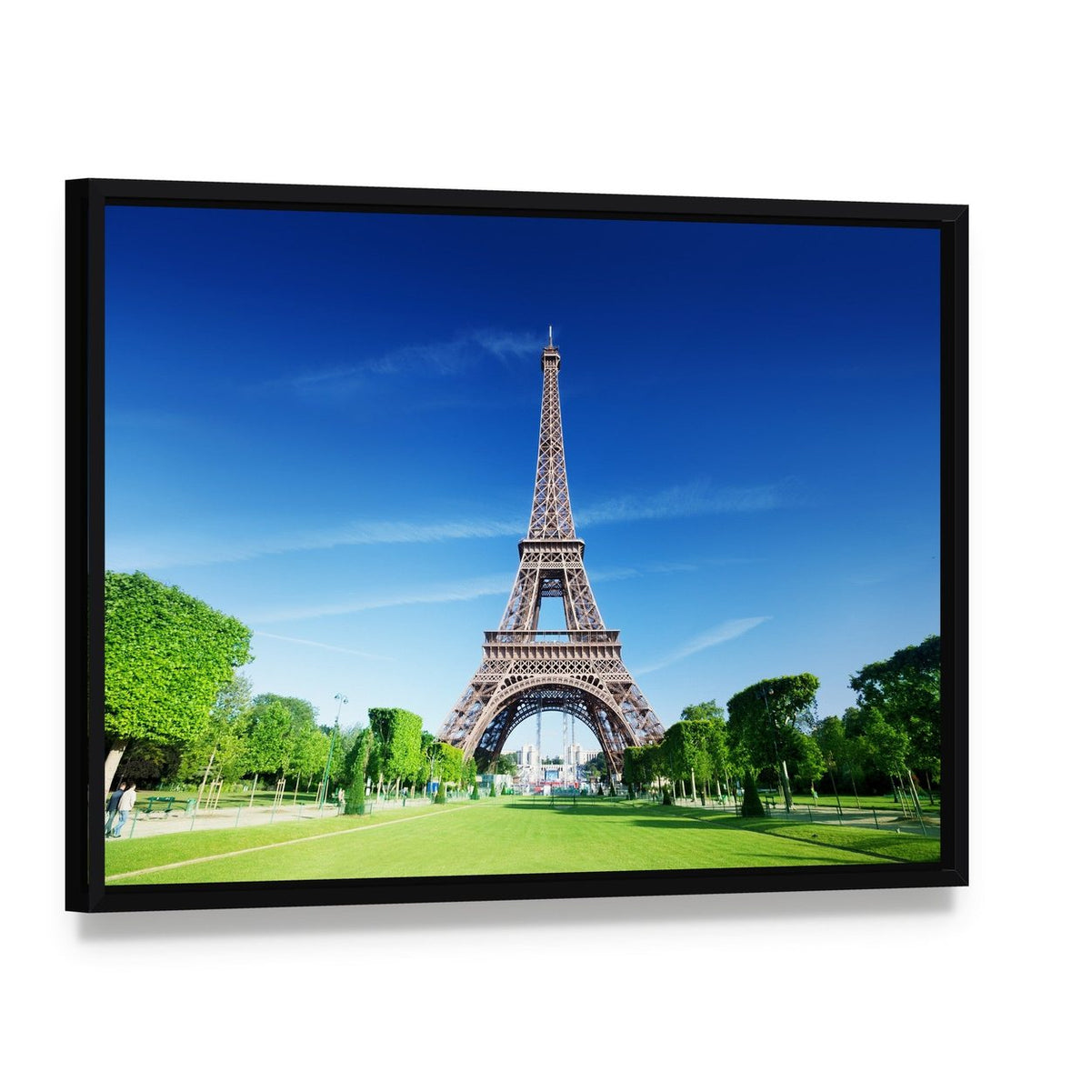 Sunny Morning and Eiffel Tower Canvas Wall Art, framed canvas in a black floater frame, angled product view
