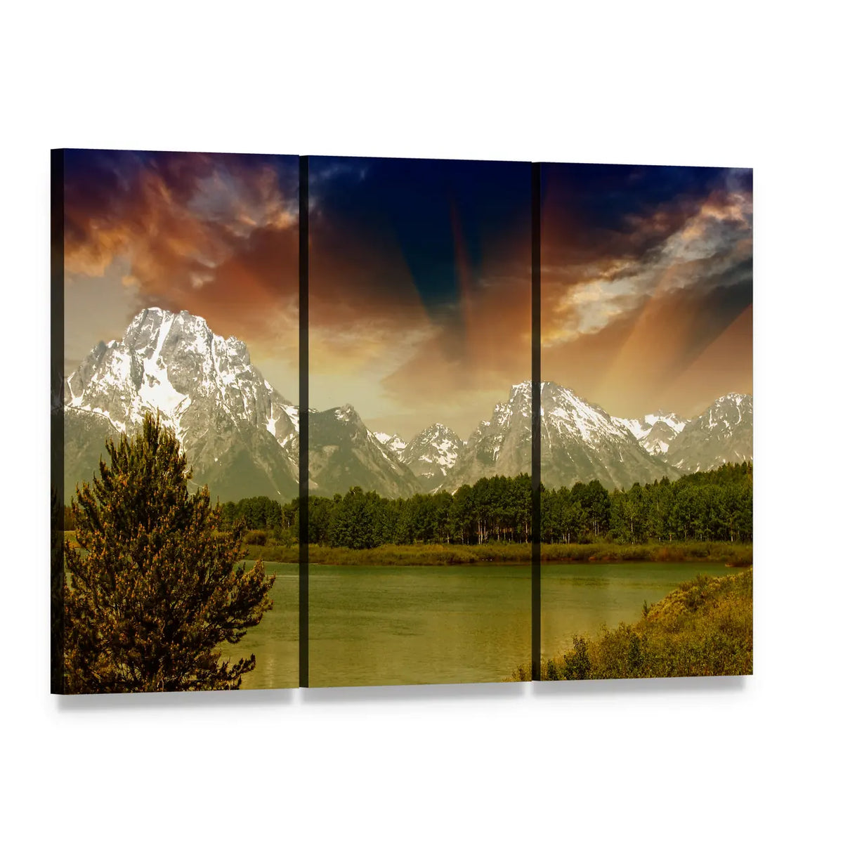 Grand Teton Lake Reflection at Sunset Canvas Wall Art, 3 panel 3 Horizontal layout gallery wrapped canvas set, angled product view