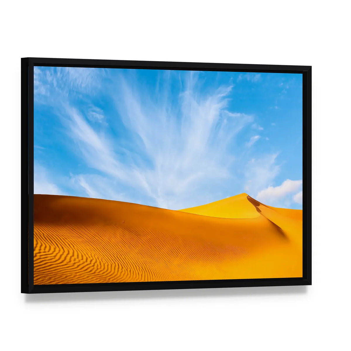 Golden Sand Dunes Landscape Canvas Wall Art, framed canvas in a black floater frame, angled product view