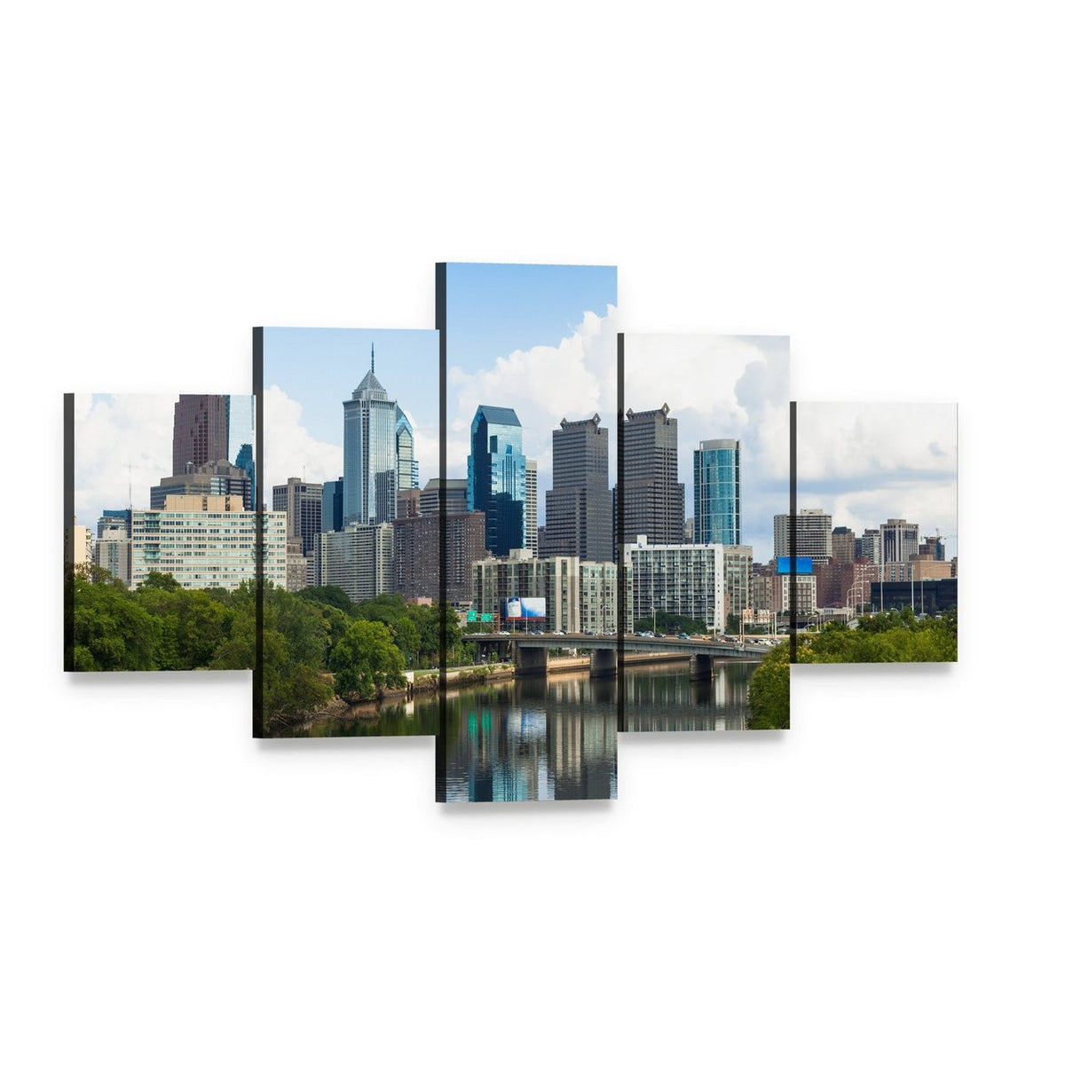 Philadelphia Skyline with River Reflections Canvas Wall Art, 5 panel 5 Star layout gallery wrapped canvas set, angled product view