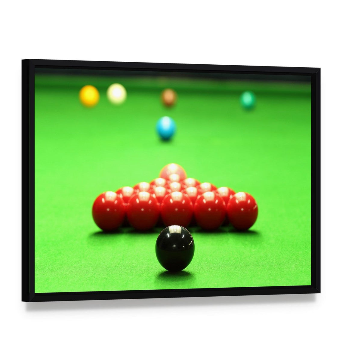 Snooker Balls Ready for Shot Canvas Wall Art, framed canvas in a black floater frame, angled product view