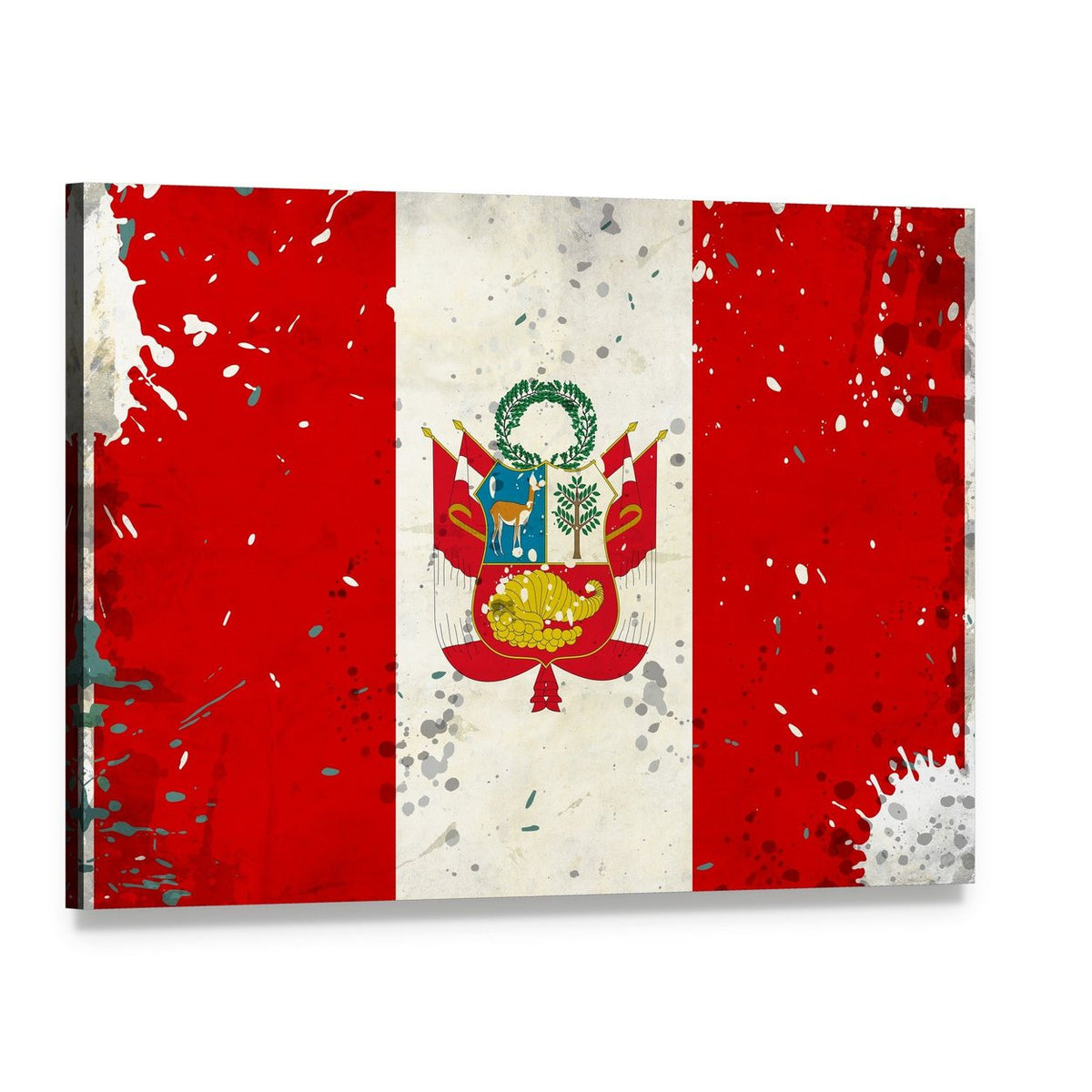 Distressed Peru Flag with Coat of Arms Canvas Wall Art, single panel gallery wrapped canvas, angled product view