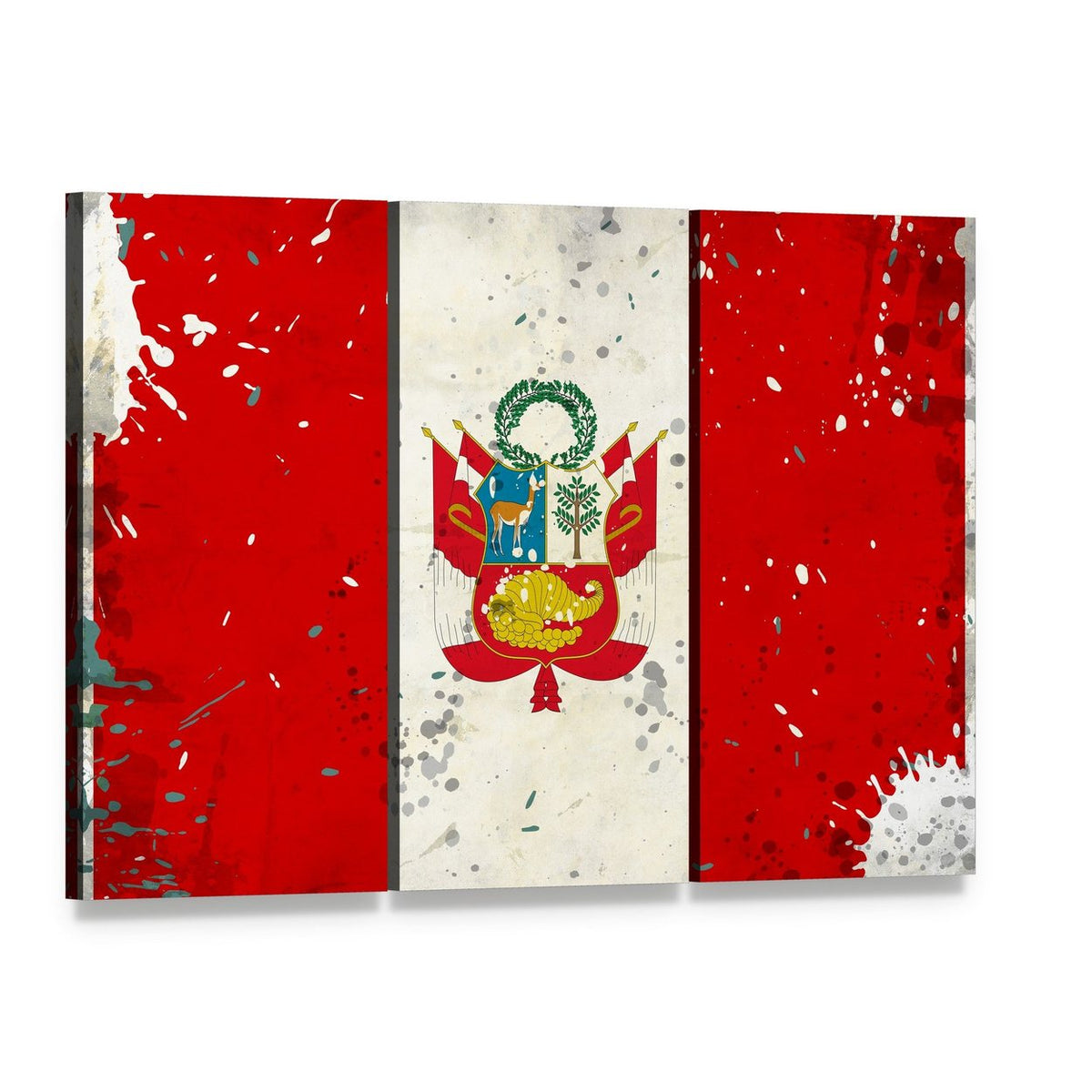 Distressed Peru Flag with Coat of Arms Canvas Wall Art, 3 panel 3 Horizontal layout gallery wrapped canvas set, angled product view