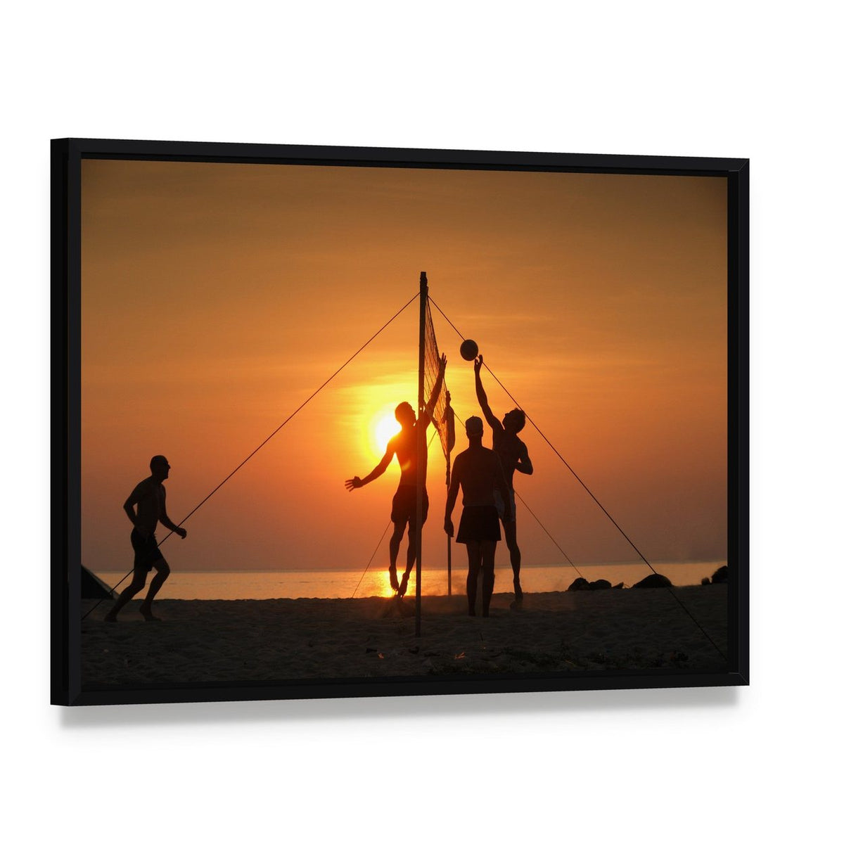 Beach Volleyball at Sunset Canvas Wall Art, framed canvas in a black floater frame, angled product view