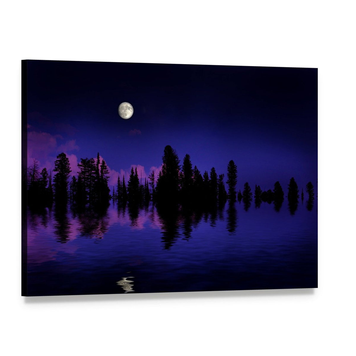 Moonrise Over Pine Trees and Lake Canvas Wall Art, single panel gallery wrapped canvas, angled product view