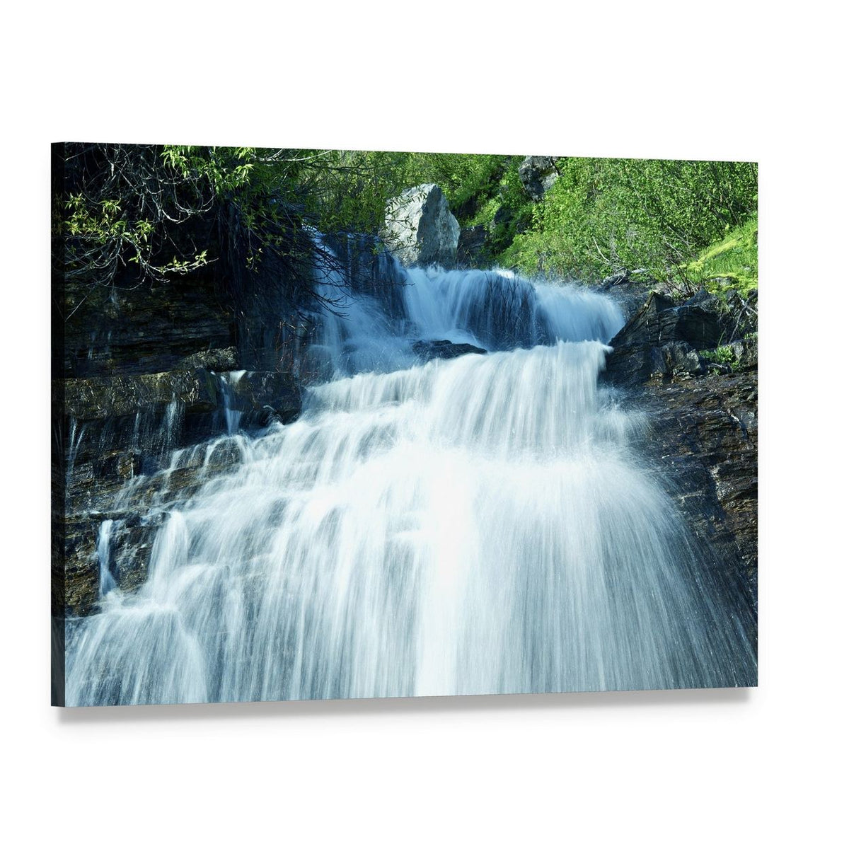 Glacier Mountain Waterfall Canvas Wall Art, single panel gallery wrapped canvas, angled product view