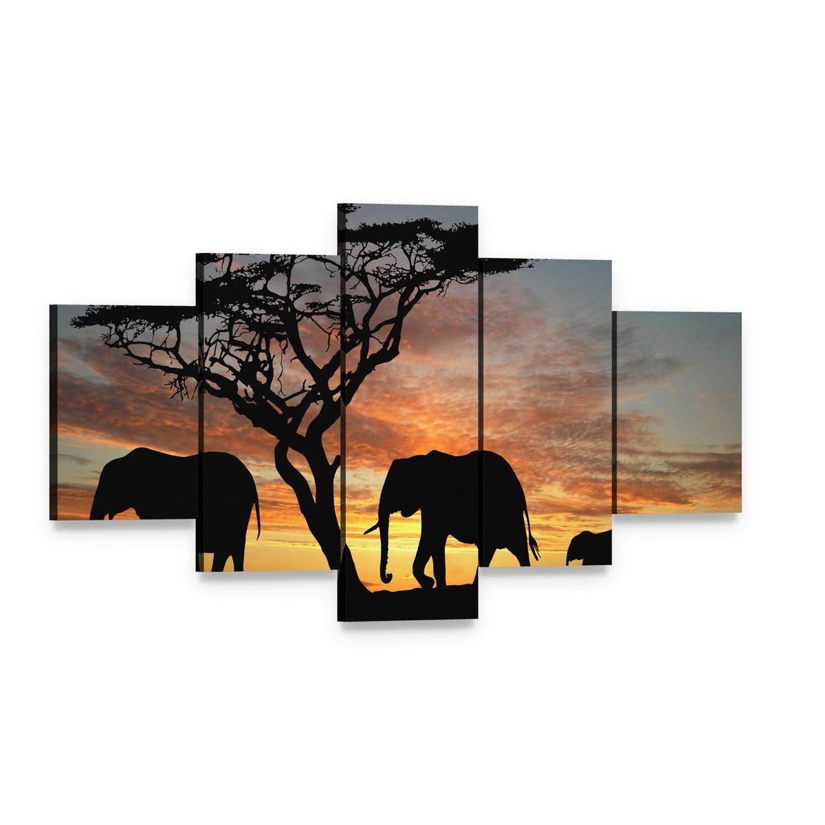 Herd of Elephants at Sunset Canvas Wall Art, 5 panel 5 Star layout gallery wrapped canvas set, angled product view