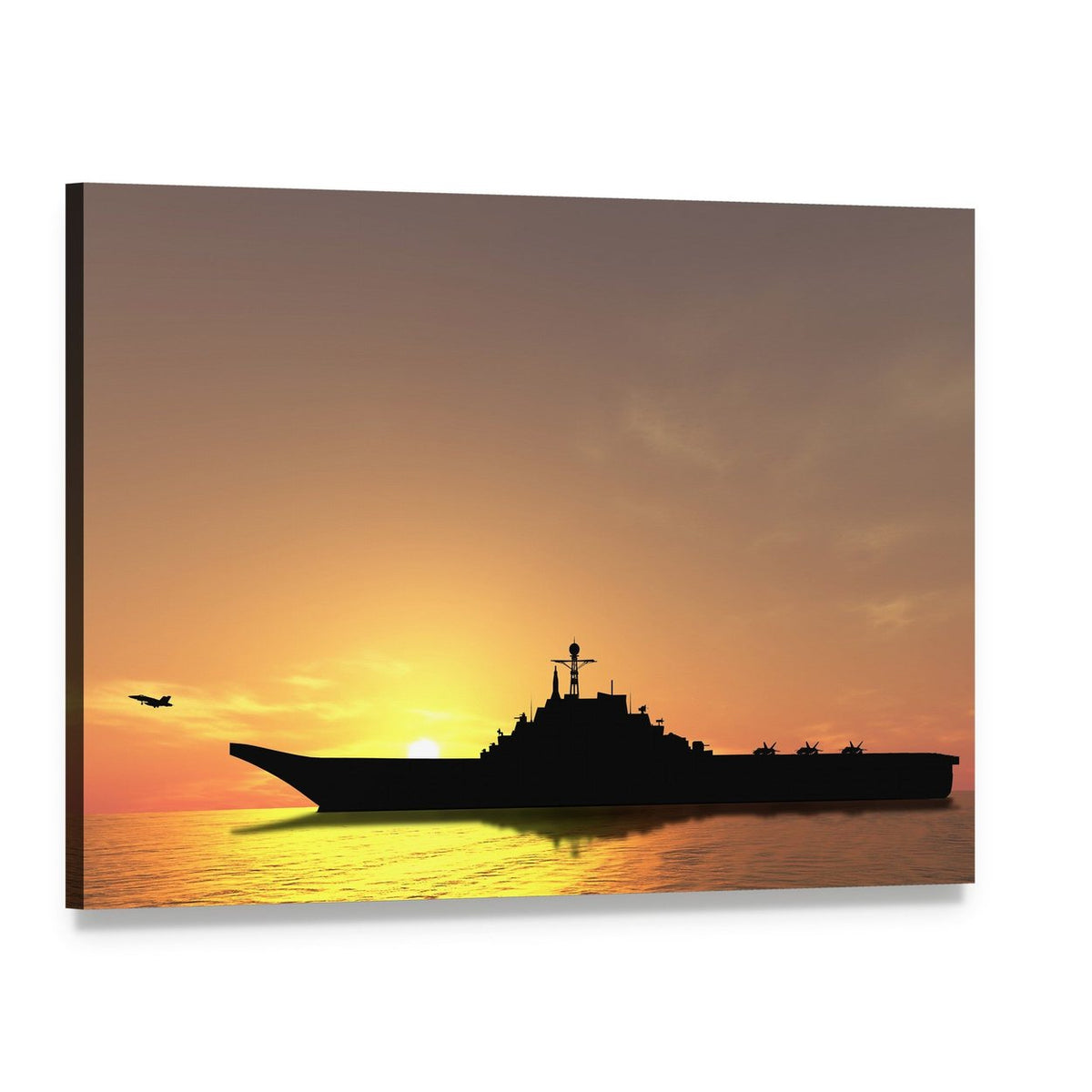 Aircraft Carrier at Sunset with Plane Canvas Wall Art, single panel gallery wrapped canvas, angled product view