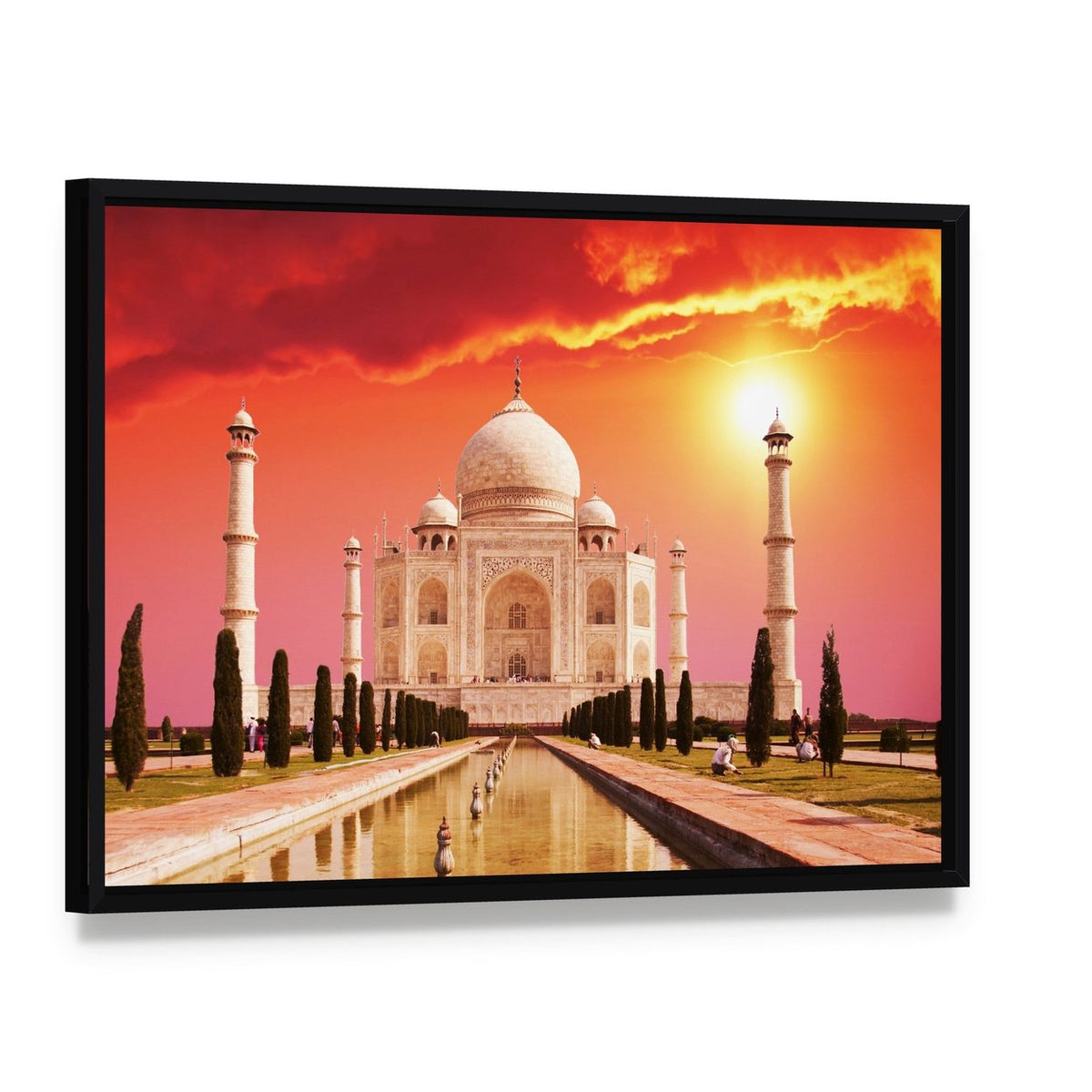 Taj Mahal Palace Canvas Wall Art, framed canvas in a black floater frame, angled product view