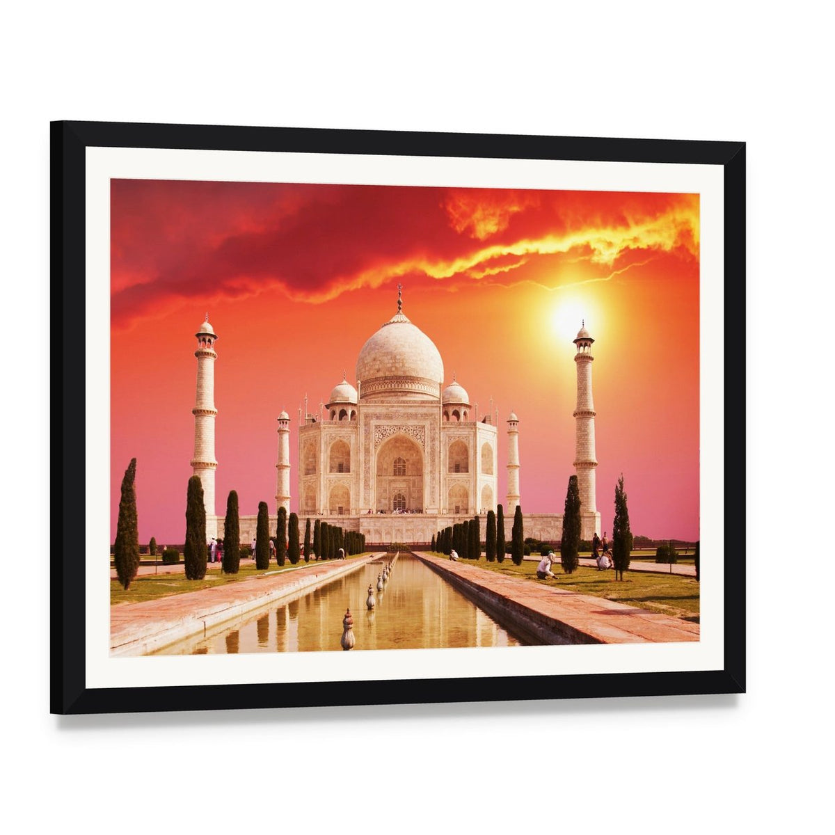 Taj Mahal Palace Canvas Wall Art, framed print with white mat and black frame, angled product view