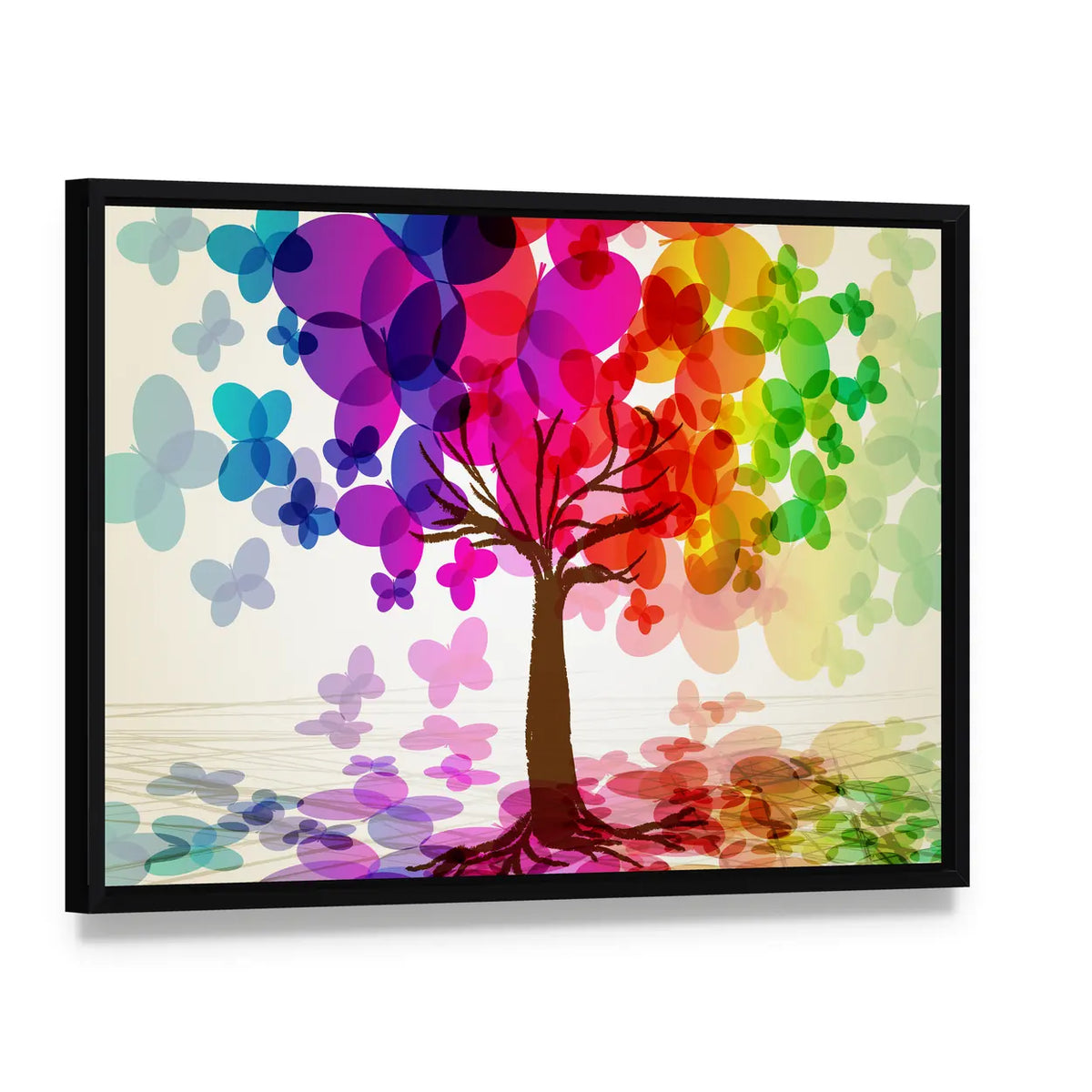 Abstract Colorful Tree with Butterflies Canvas Wall Art, framed canvas in a black floater frame, angled product view