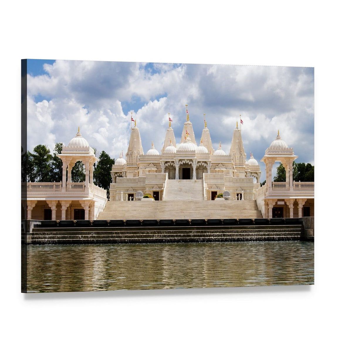 Atlanta Hindu Temple Reflection Canvas Wall Art, single panel gallery wrapped canvas, angled product view