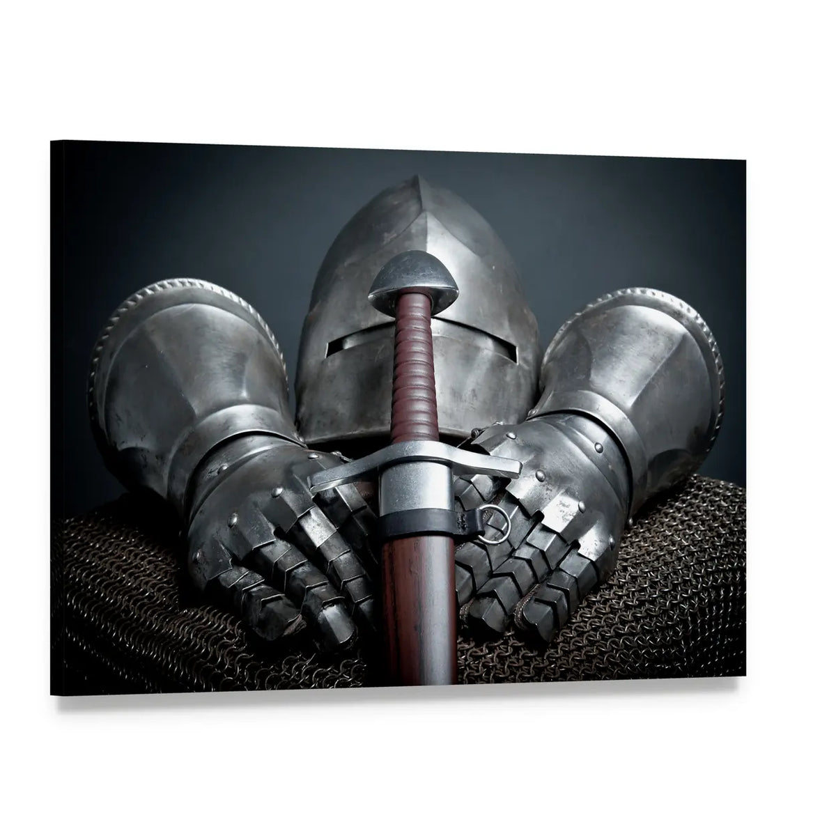Pig-faced Bascinet Helmet with Sword and Gauntlets Canvas Wall Art, single panel gallery wrapped canvas, angled product view