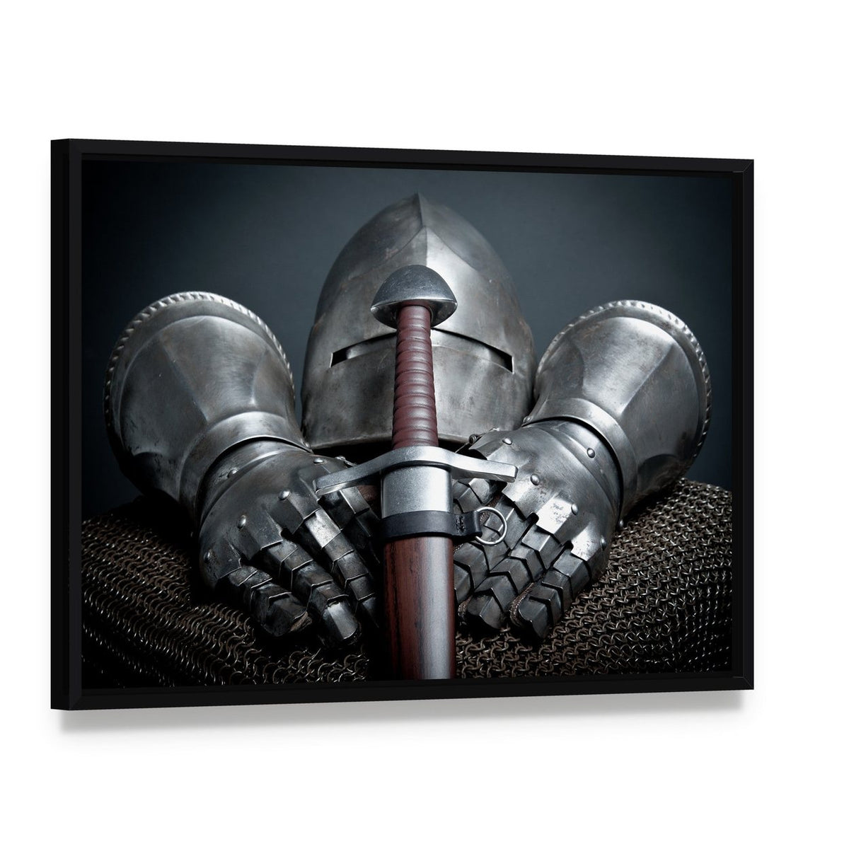 Knight Helmet, Gauntlets and Sword Canvas Wall Art, framed canvas in a black floater frame, angled product view