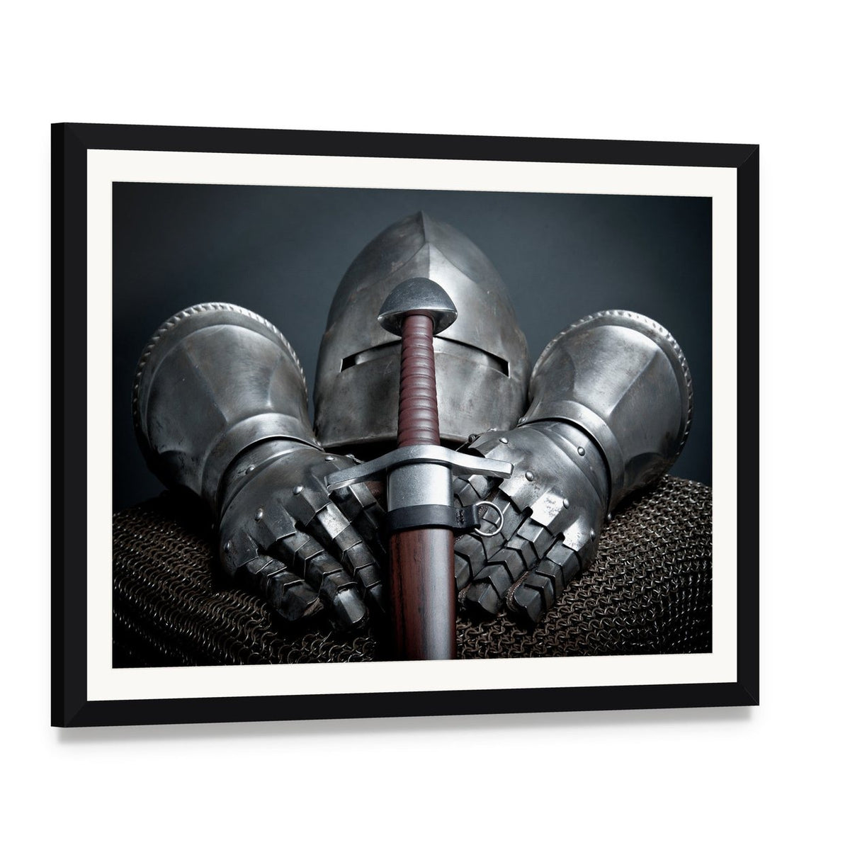 Knight Helmet, Gauntlets and Sword Canvas Wall Art, framed print with white mat and black frame, angled product view