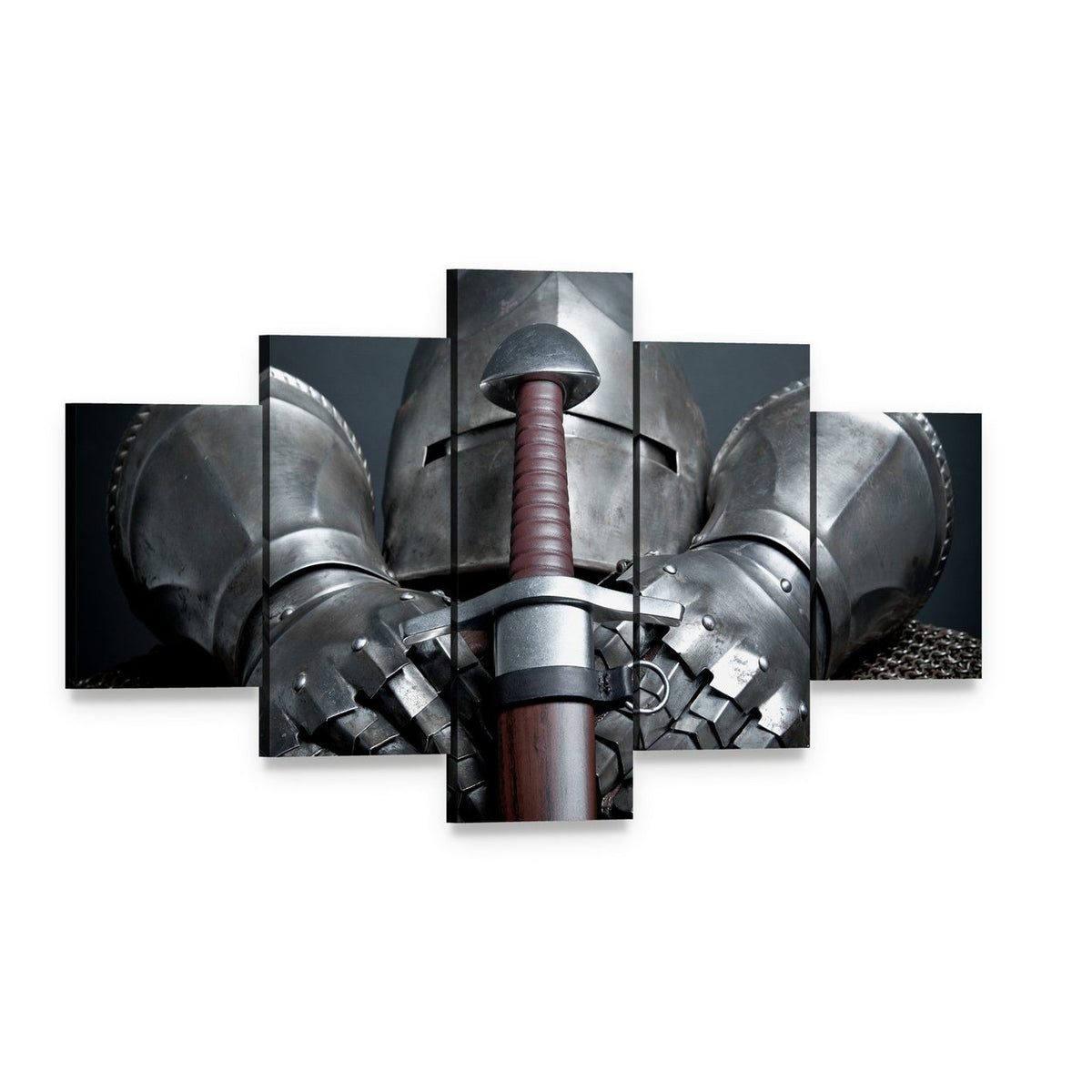 Knight Helmet, Gauntlets and Sword Canvas Wall Art, 5 panel 5 Star layout gallery wrapped canvas set, angled product view