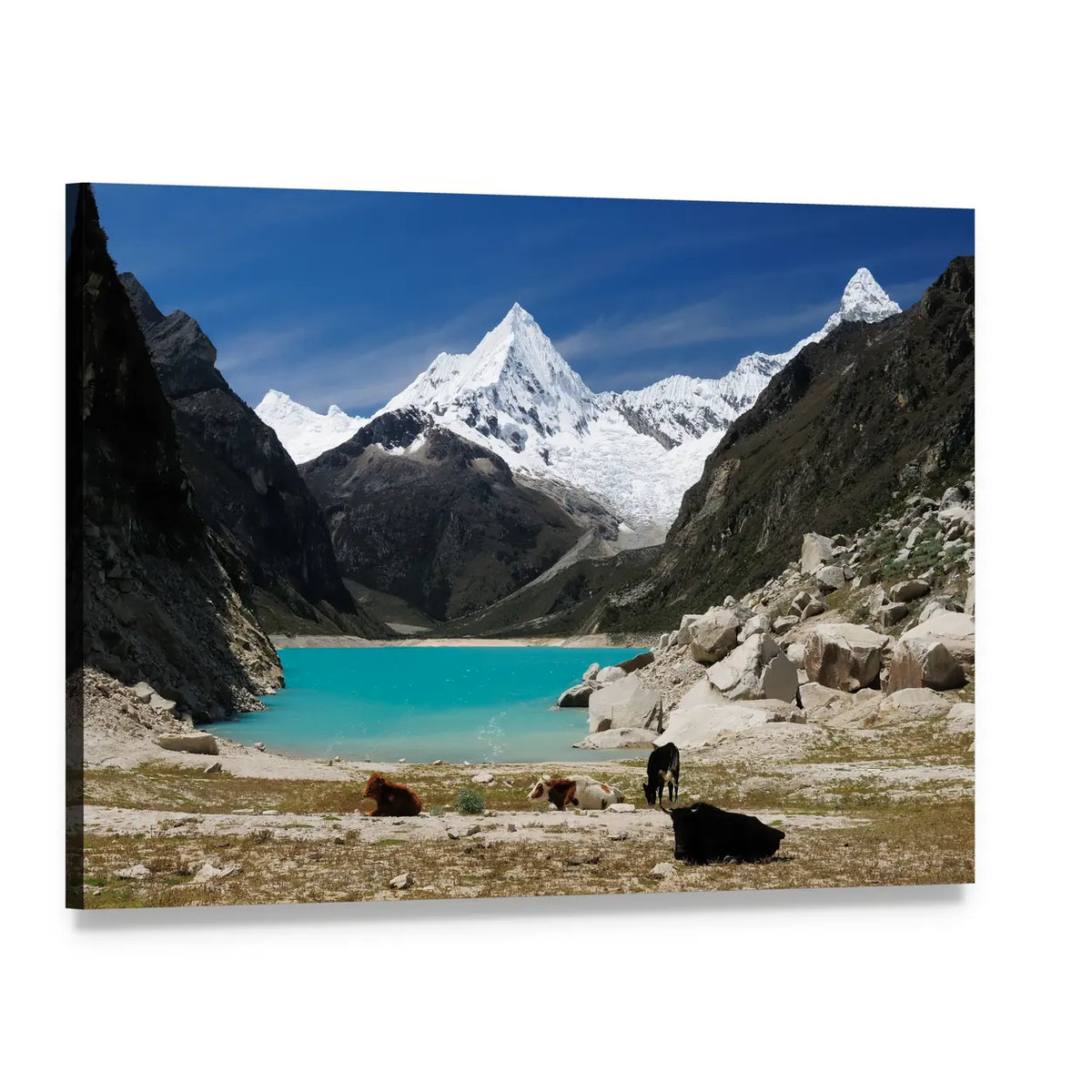 Humantay Lake Turquoise Alpine Landscape Canvas Wall Art, single panel gallery wrapped canvas, angled product view
