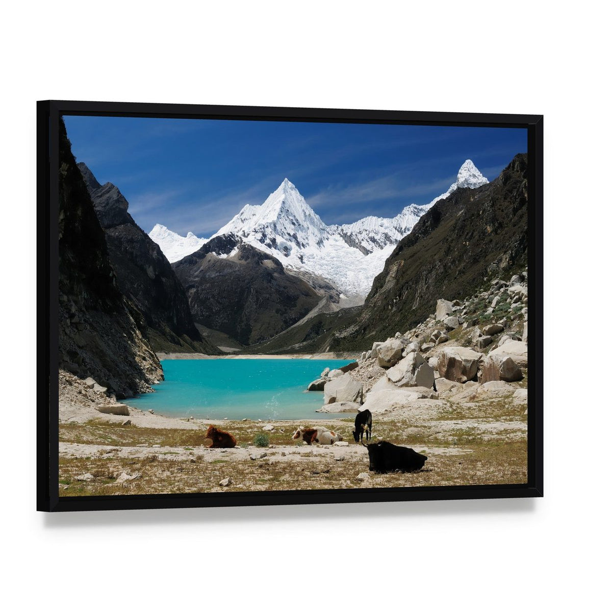 Humantay Lake Turquoise Mountain View Canvas Wall Art, framed canvas in a black floater frame, angled product view