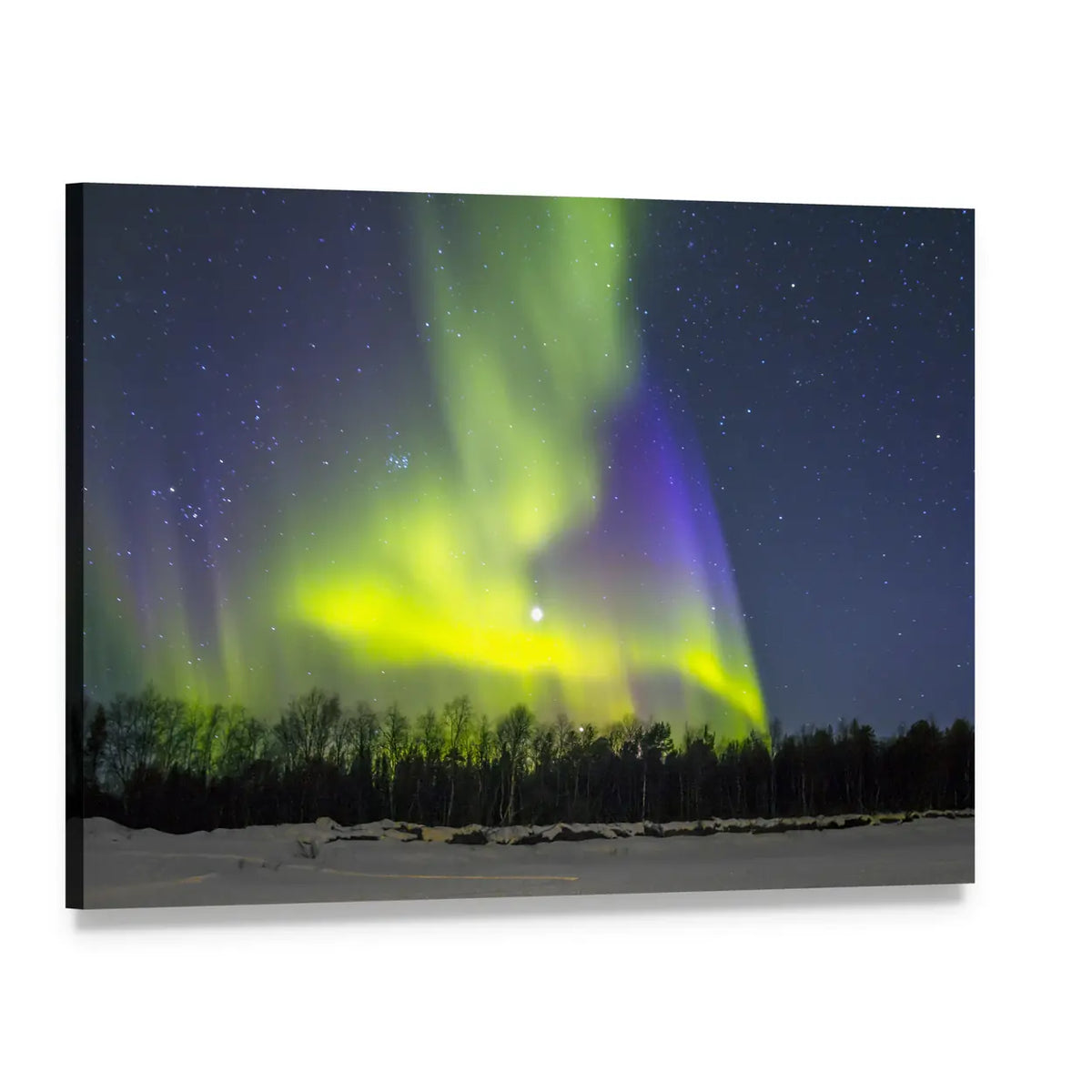 Northern Lights Over Snowy Forest Canvas Wall Art, single panel gallery wrapped canvas, angled product view
