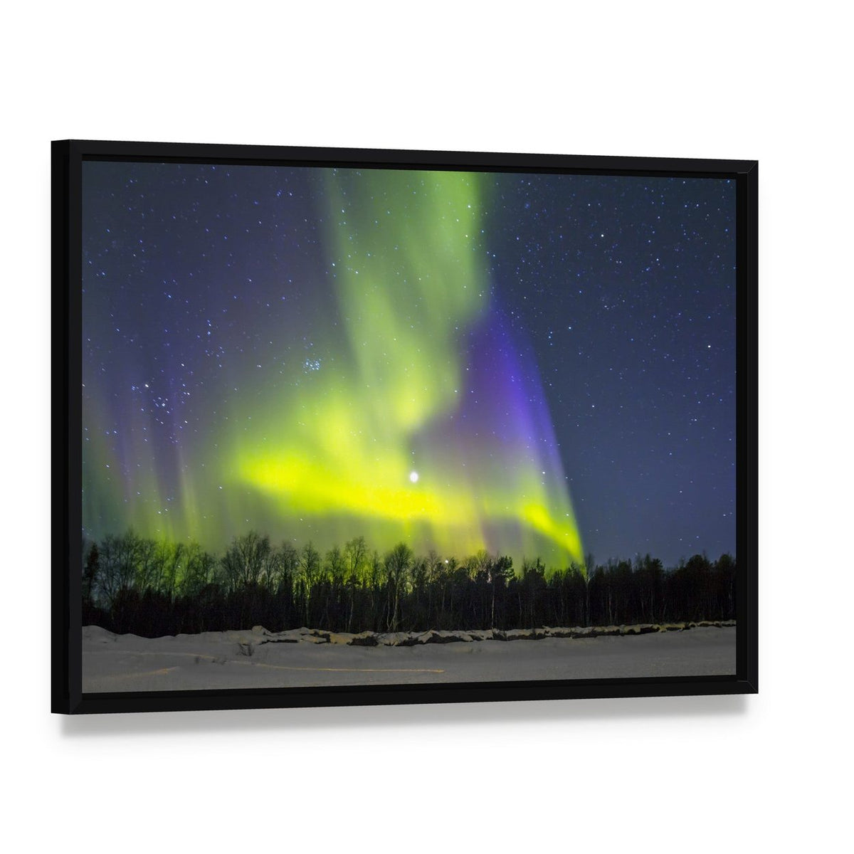 Northern Lights Over Snowscape Canvas Wall Art, framed canvas in a black floater frame, angled product view