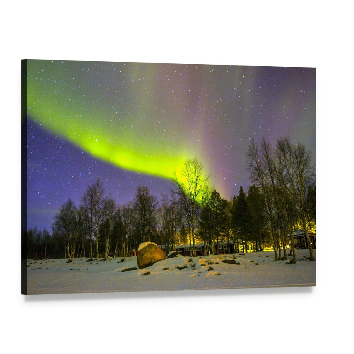 Aurora Borealis Over Snowy Landscape Canvas Wall Art, single panel gallery wrapped canvas, angled product view