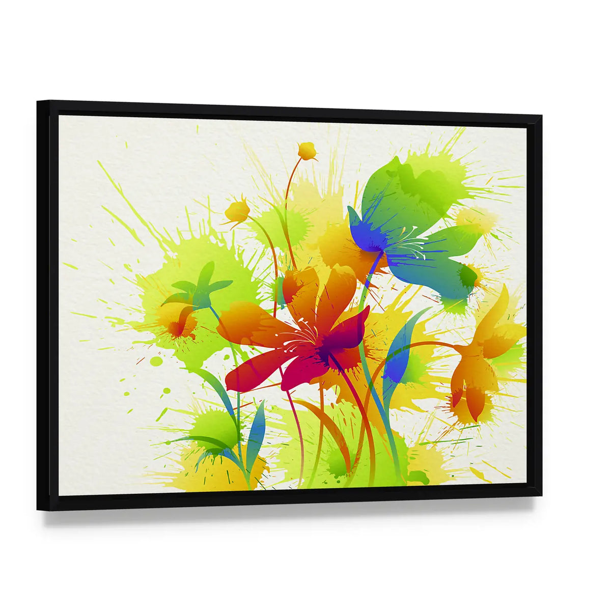 Colorful Abstract Floral Burst Canvas Wall Art, framed canvas in a black floater frame, angled product view