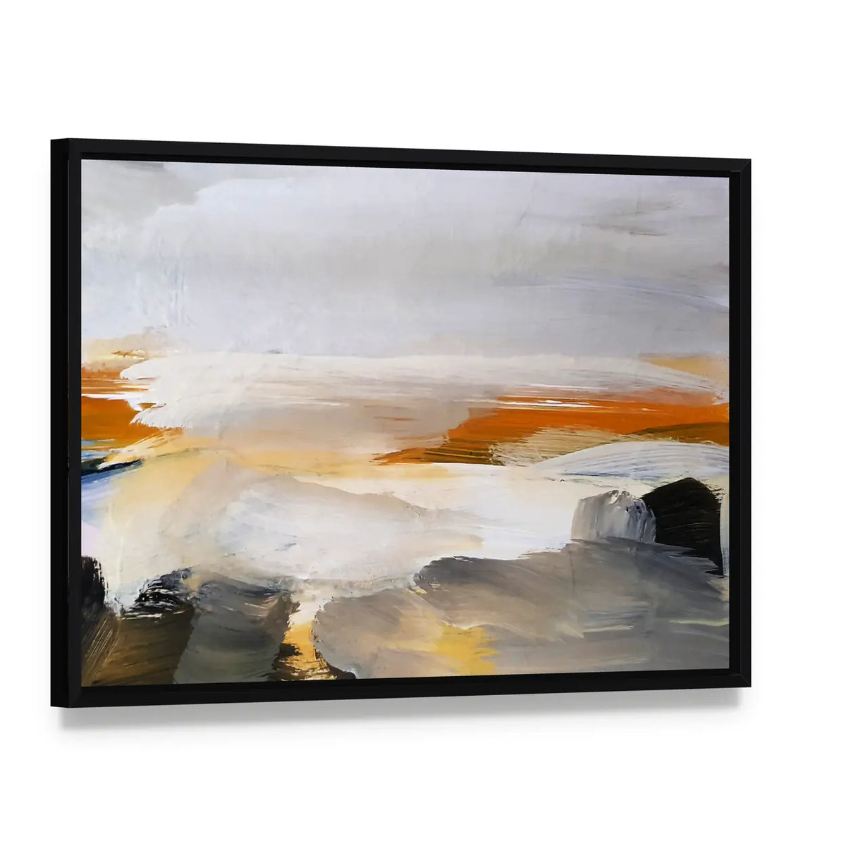 Hand Drawn Lake Canvas Wall Art, framed canvas in a black floater frame, angled product view