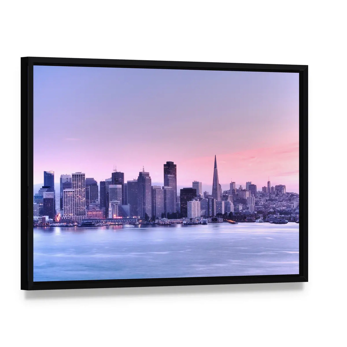 San Francisco Skyline Canvas Wall Art, framed canvas in a black floater frame, angled product view