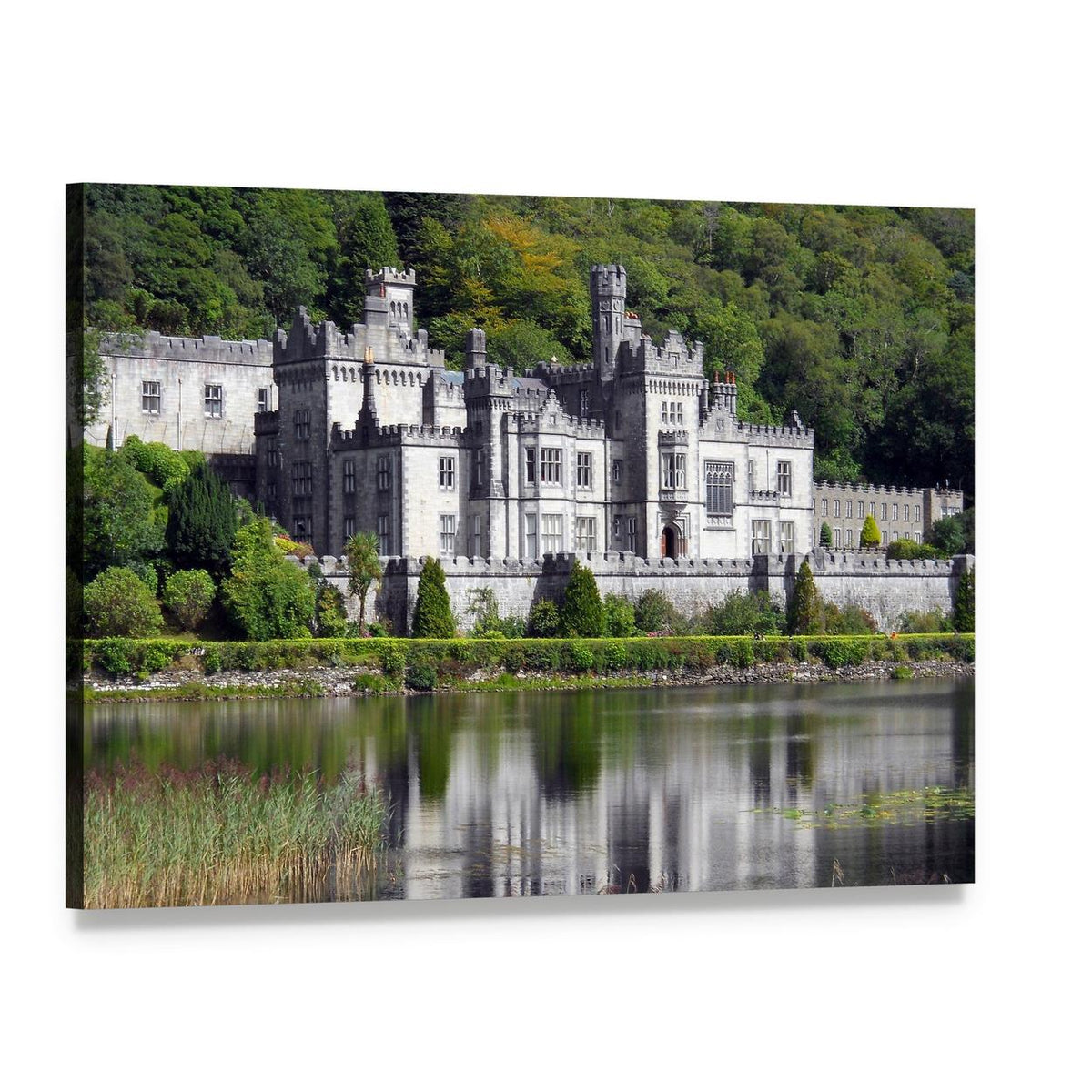 Kylemore Abbey Reflected in Lake Canvas Wall Art, single panel gallery wrapped canvas, angled product view