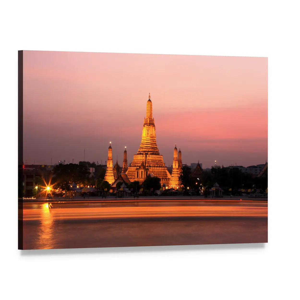 Wat Arun Temple At Sunset In Bangkok Thailand Canvas Wall Art, single panel gallery wrapped canvas, angled product view