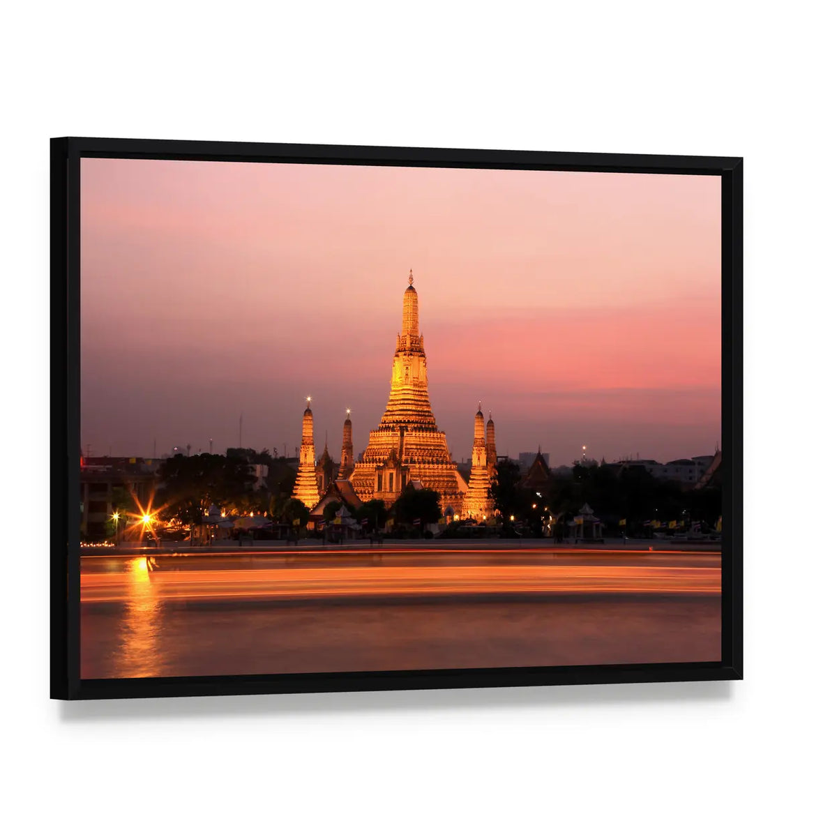 Wat Arun Temple At Sunset In Bangkok Thailand Canvas Wall Art, framed canvas in a black floater frame, angled product view