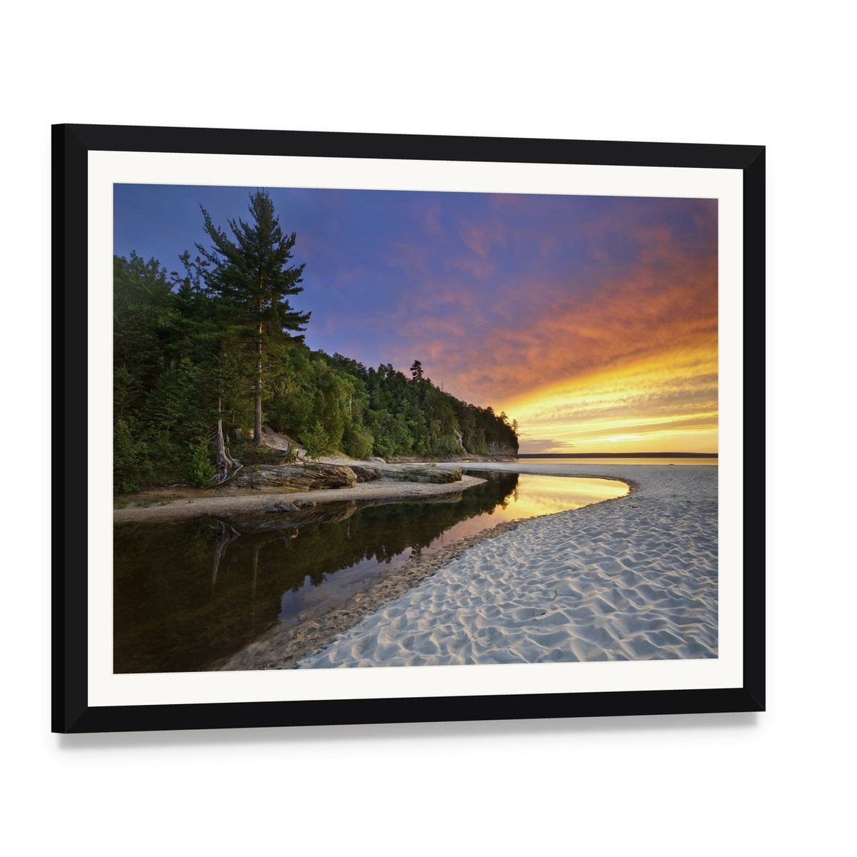 Miners Beach Michigan Sunset Canvas Wall Art, framed print with white mat and black frame, angled product view