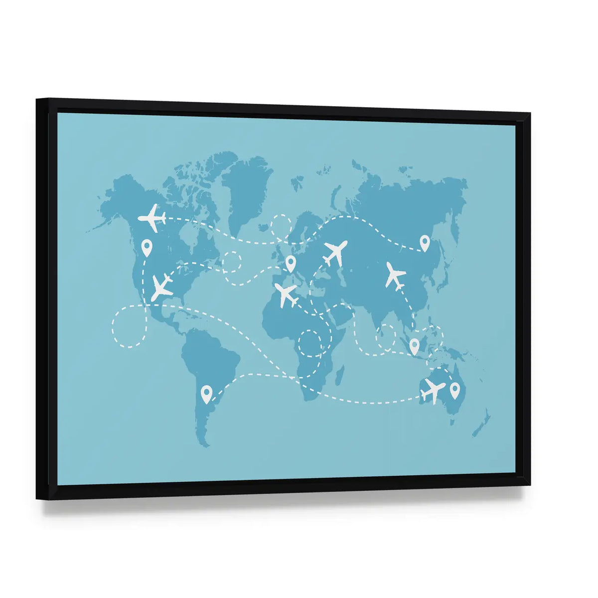 Airplane Routes on World Map Canvas Wall Art, framed canvas in a black floater frame, angled product view